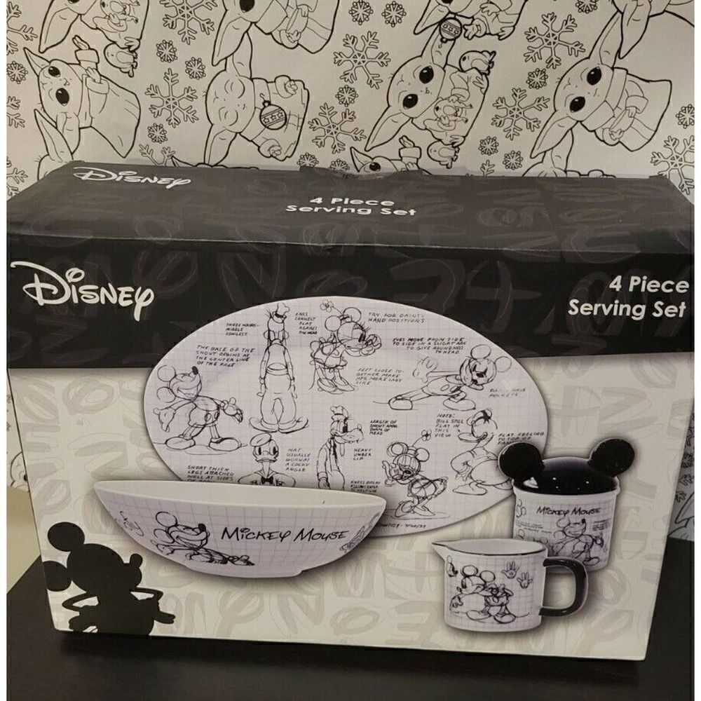 Disney Mickey Mouse Sketchbook 4 Piece Serving Set Platter Bowl Creamer Sugar
